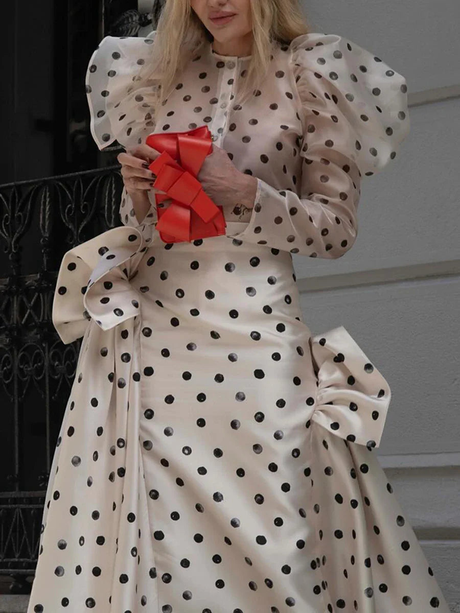 Hit Color Sheer Spliced Wave Point Two Piece Sets for Women Round Neck Long Sleeves Top High Waist Skirt Set Female