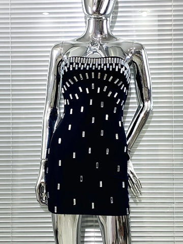 Luxury Woman Bandag Dress Sparkling Diamonds Strapless Black Mini Dress Celebrity Birthday Party Vestido Music Festival Outfit