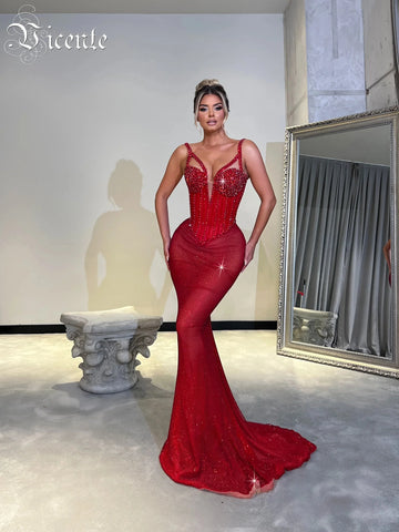 VC Enchanting Sparkling Red Mermaid Sequins Strappy Sleeveless Dress Party Evening Gown