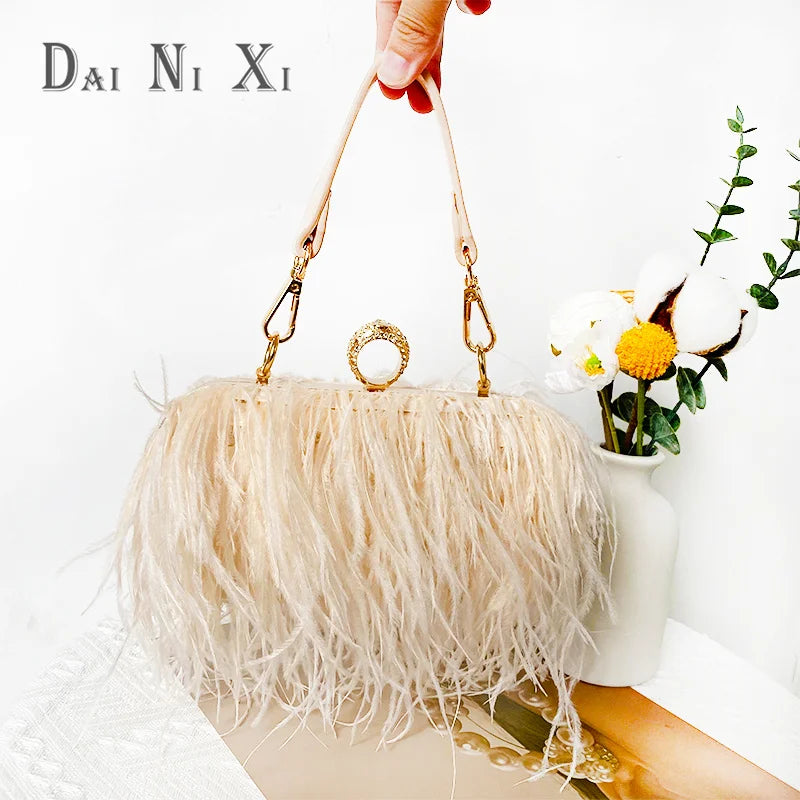 Mode Strauß Fuax Pelz Feder Brieftasche Clutch Tasche Damen Diamant Knöchel Ringe Dinner-Party Hochzeit Geldbörse Luxus Chic 