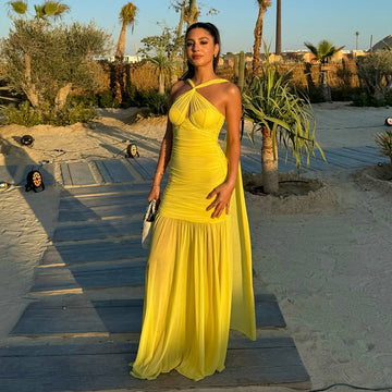 Yellow Color Women Sexy Halter Off the Shoulder Bodycon Long Mesh Dress Celebrate Birthday Party Vacation Girls' Dress