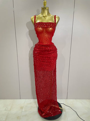 Sparkly Red Rhinestones Sequins Sexy See Through 2PCS Long Dress 2025Women Celebrate Evening Birthday Party Dress Stage Costumes