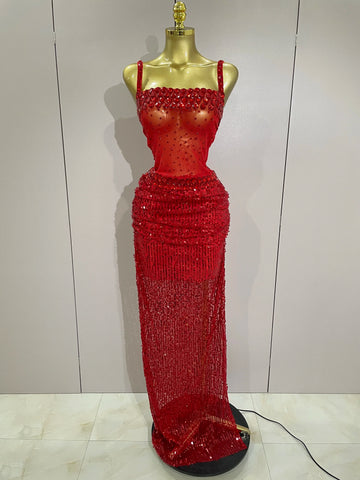 Sparkly Red Rhinestones Sequins Sexy See Through 2PCS Long Dress Women Celebrate Evening Birthday Party Dress Stage Costumes