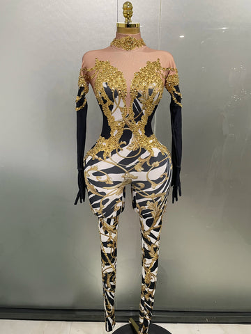 Sparkly Gold Rhinestones Jumpsuit With Gloves 2025 New Women Sexy Printed Party Nightclub Bar Singer Stage Performance Costume