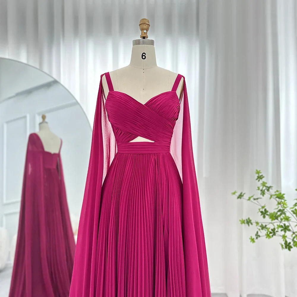 Fuchsia Chiffon Dubai Evening Dresses with Cape Sleeves Elegant Yellow Women Wedding Party Formal Gowns