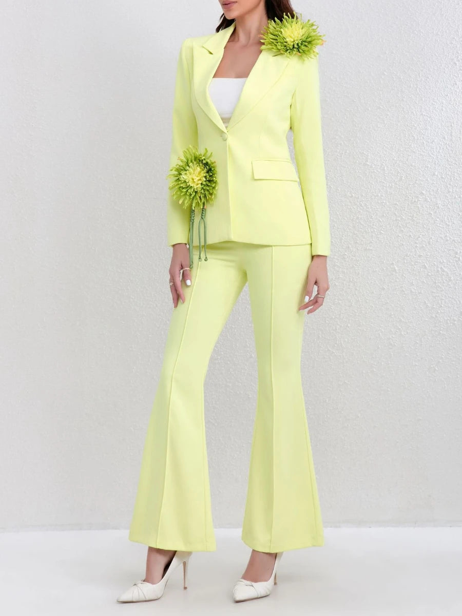 TWOTWINSTYLE Solid Slimming Spliced 3D Flower Two Piece Sets for Women Lapel Long Sleeves Patchwork Button Top Pant Set Female