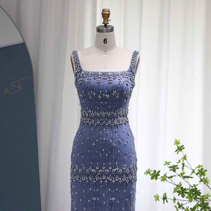 Vestidos de noche de lujo con plumas de cristal de Dubái para mujer, elegantes vestidos de fiesta formales árabes midi de encaje azul para boda 