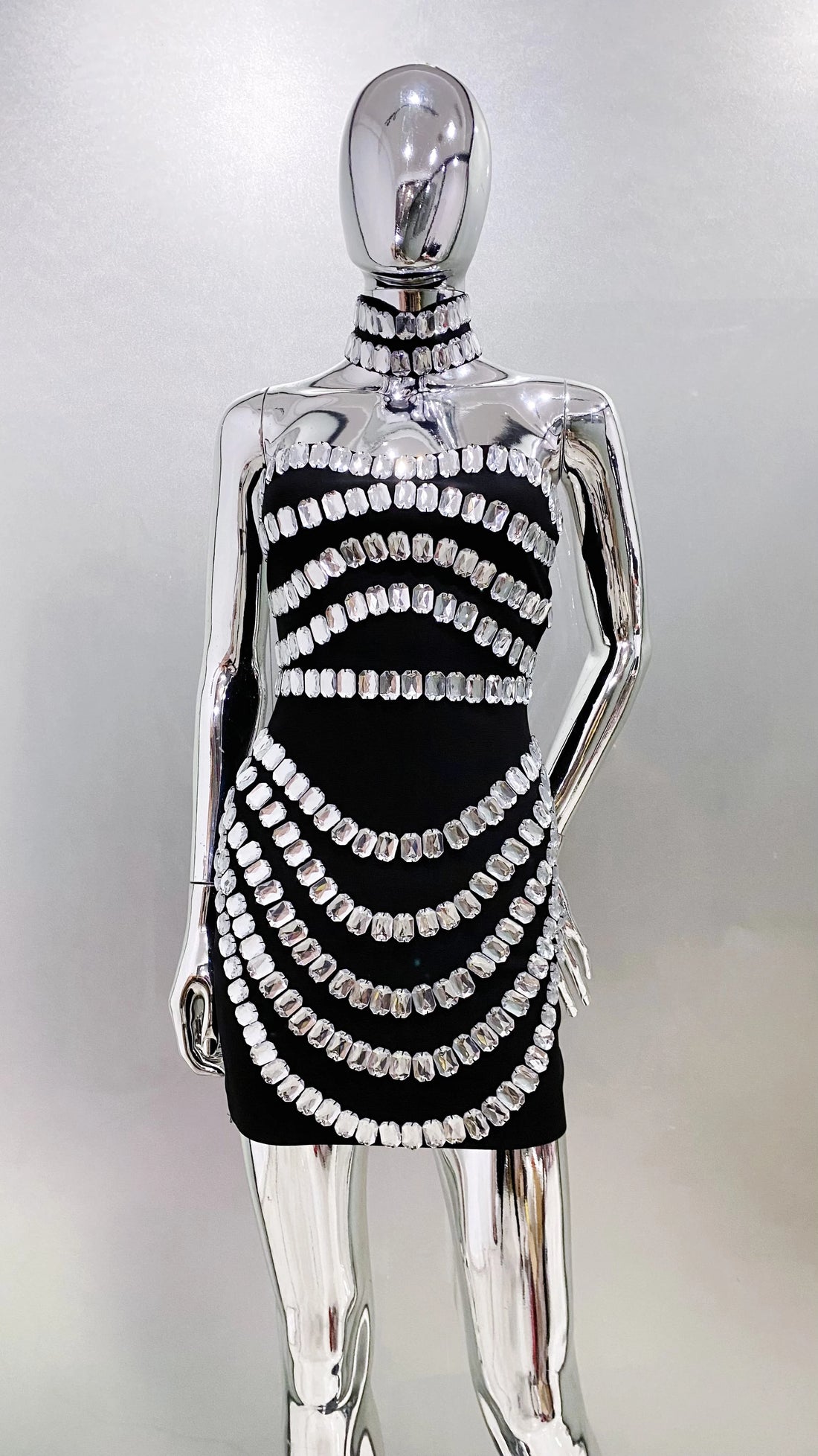 2025 Stylish Necklace Shining Diamonds Strapless Black Bandage Mini Dress Fashion Woman Party Vestido Celebrity Birthday Outfit