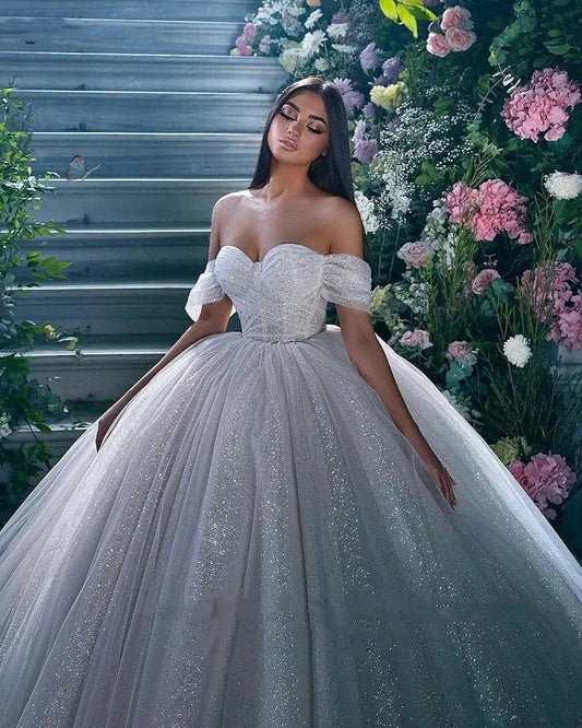 Vestido de novia princesa, vestido de baile, tul brillante, vestidos de novia con escote en forma de corazón, bata de novia, vestidos de novia con hombros descubiertos hechos a medida 