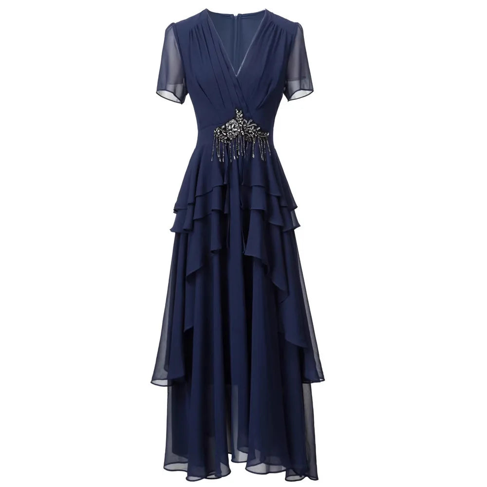 Solid Slimming Spliced Bead Dresses for Women V Neck Short Sleeves Patchwork Ruffles Folds Dress Female Clothes New