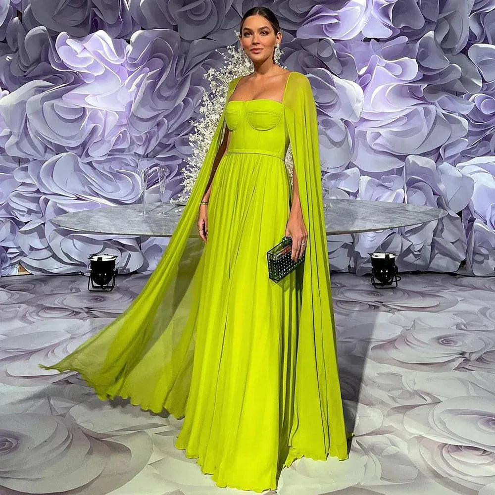 Saudi Arabic Lemon Yellow Dubai Evening Dresses with Cape Sleeves Elegant Women Wedding Party Formal Gowns Evening Dress