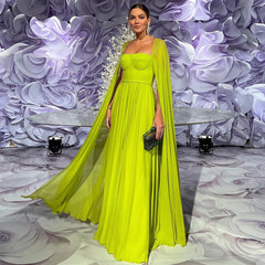 Saudi Arabic Lemon Yellow Dubai Evening Dresses with Cape Sleeves Elegant Women Wedding Party Formal Gowns