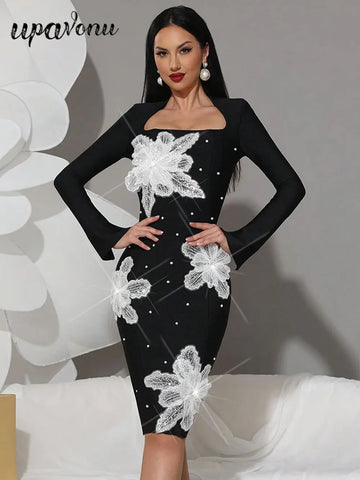 2025 Women's Light Luxury 3D Flower Design Bandage Dress Square Neck Long Sleeve Bodycon Flute Dress Evening Club Party Vestidos