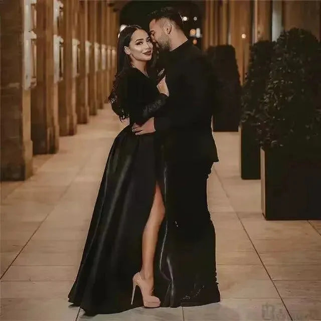 Customized Gorgeous V-Neck Evening Dresses Long Sleeve Satin Side Slit Prom Dress High Waist Evening Gown Party Robe de soiree