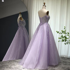 Luxury Dubai Beaded Lilac Evening Dress Elegant Scalloped Arabic Women Formal Prom Dresses for Wedding Party