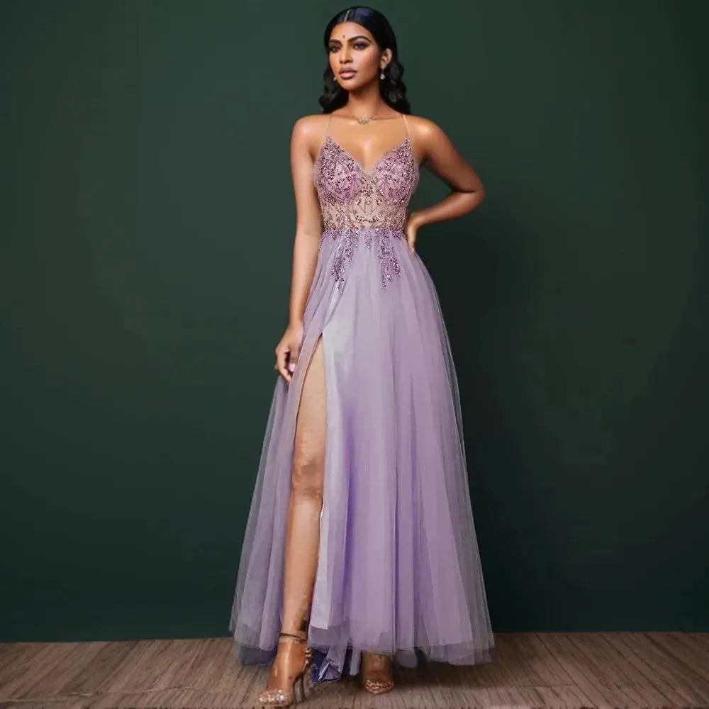 Customized Gorgeous Evening Dresses for Women Sexy V Neck Crystal Beaded Backless Spaghetti Straps Formal Purple Prom Gown