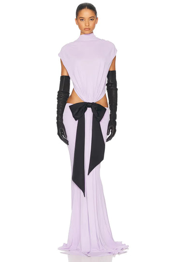 White Purple Women Sleeveless O-Neck Hollow Out Waist Bodycon Floor-length Gown Dress Elegant Evening Party Cocktail Outfit