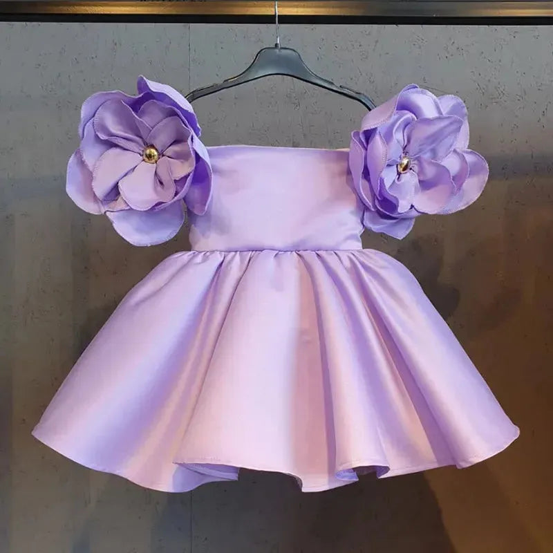 Girl Satin Face Tulle Petal Sleeve Dress Children Vestido Vintage Solid Color Wedding Birthday Party Princess Dress Kid Clothes light purple