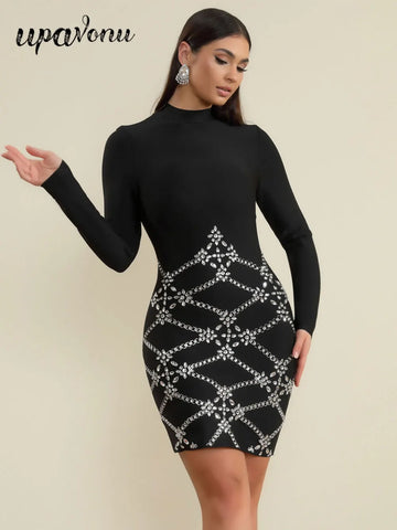 2025 Spring Elegant Women's Bandage Dress Stand Collar Long Sleeve Light Luxury Hot Diamond Bodycon Dress Club Party Vestidos