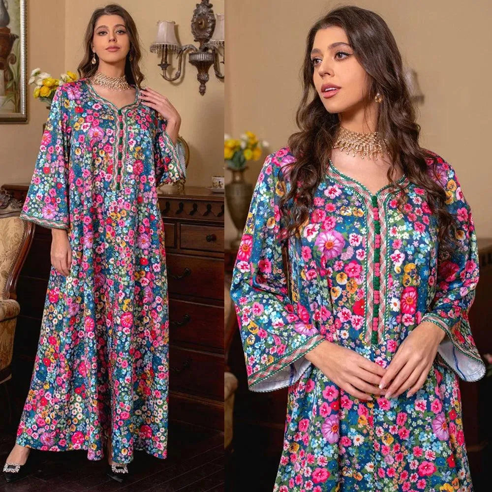 Moroccan Jalabiya Women Abaya Muslim Hijab Dress Vintage Floral Print Kaftan Ramadan Dubai Modest Dresses Party Arabic Gown