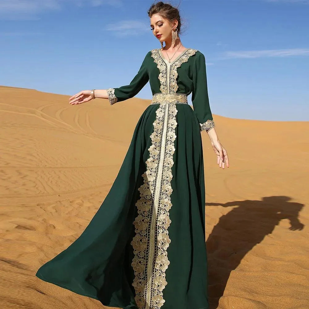 Vintage Women Long Dress Ethnic Abaya Embroidery Lace Arabic Muslim Islamic Clothing Kaftan Turkey Middle East Ramadan Jalabiya Green