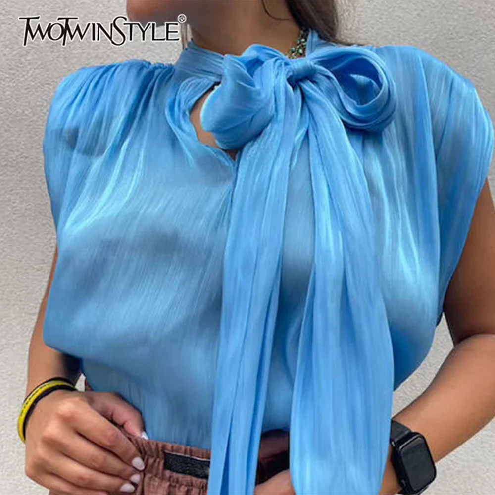Solid Loose Spliced Bow Elegant Blouses for Women Round Neck Sleeveless Temperament Blouses Female Fashion Clothing