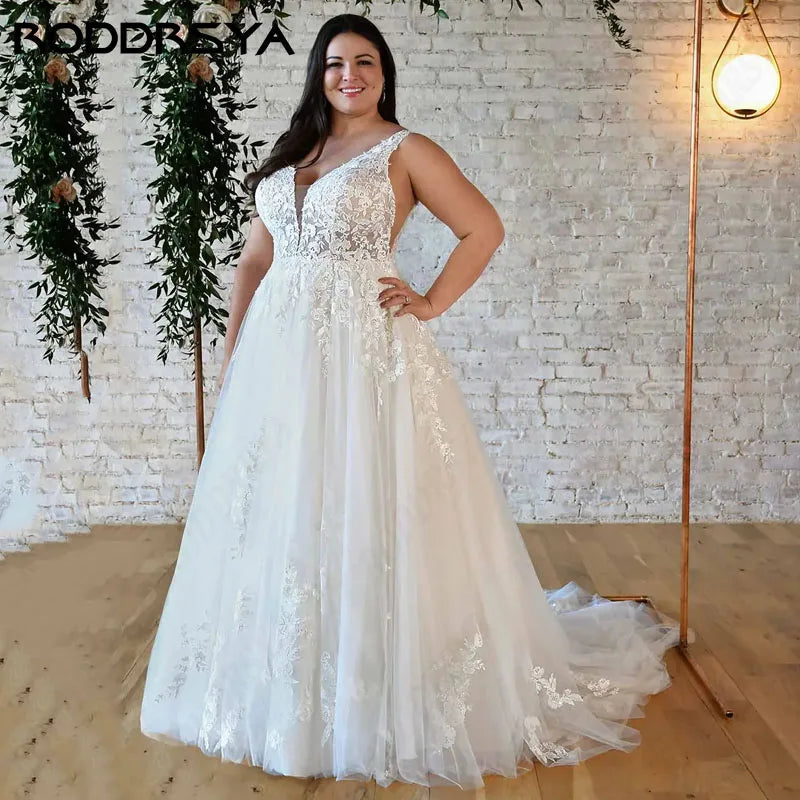Plus Size Wedding Dresses büyük beden gelinlik  A-line Custom Made Elegant Lace Spaghetti StrapsSpaghetti Straps