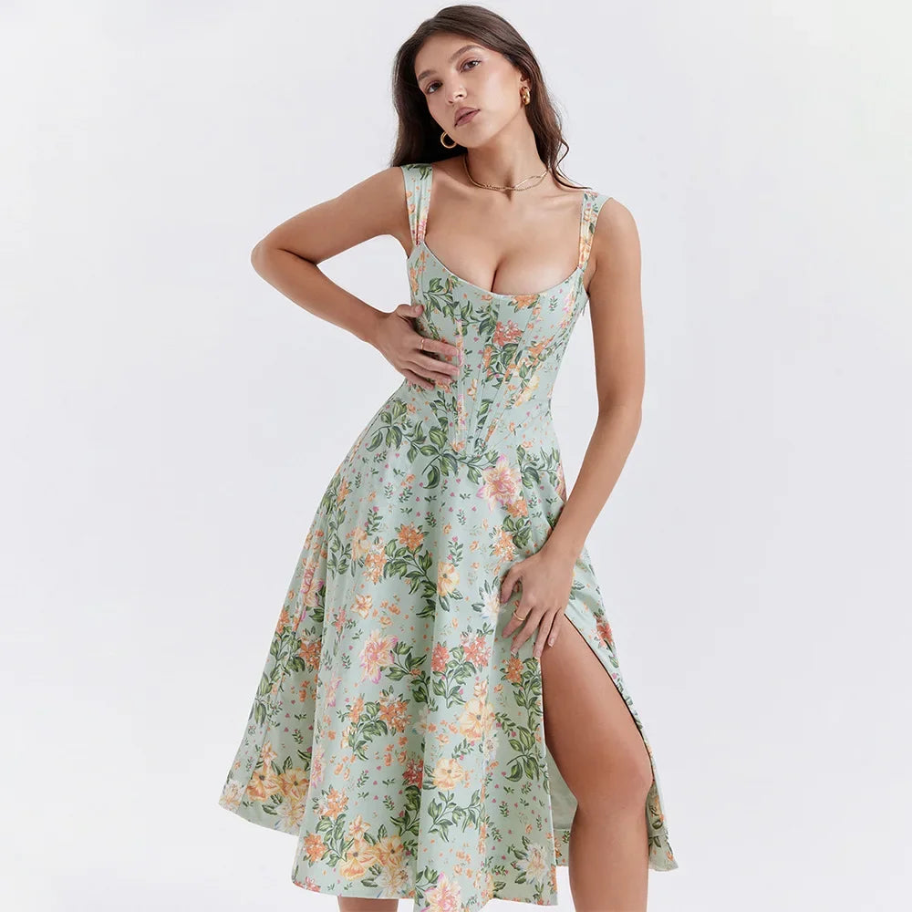 Suninheart Summer Dress Women 2023 Green Lace Up Floral Print Dress Elegant with Boning Casual Party Holiday Dress High Quality green print