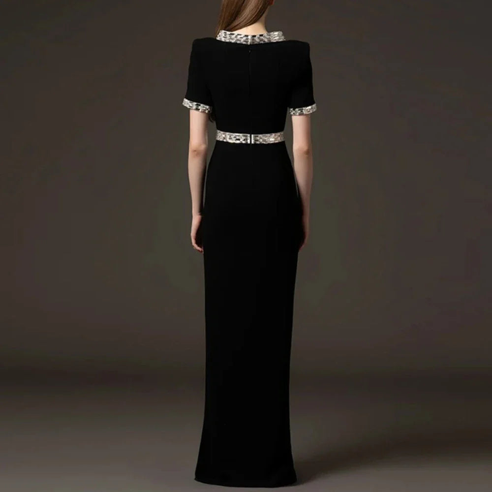 Solid Spliced Bead Elegant Dresses for Women V Neck Short Sleeves High Waist Patchwork Split Long Dress Female New