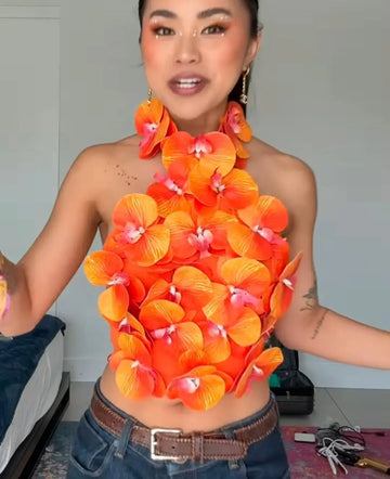 Orange Color Women Sexy Florals Backless Bodycon Tops Celebrate Nightclub Party Bar Dancer DJ Performance Costume