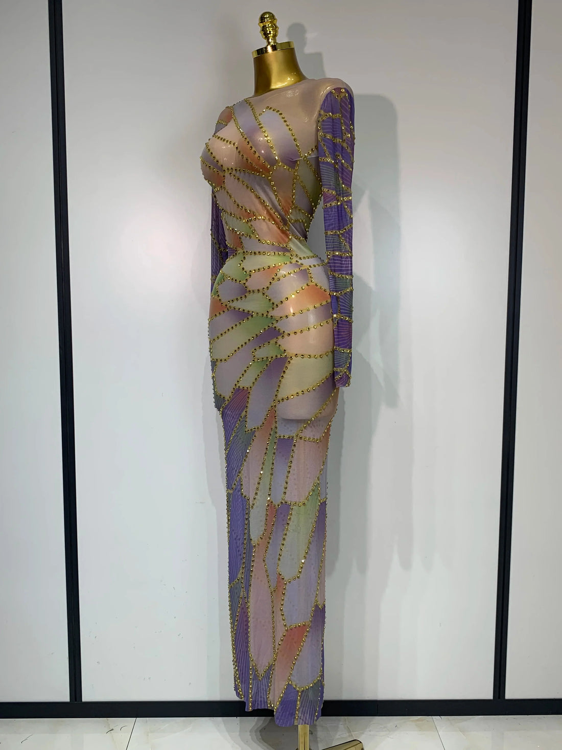 Sparkly Rhinestone Stretchy Mesh See Through Dress Women 2025 Performance Dancer Costume Luxury Birthday Nightclub Stage Outfit