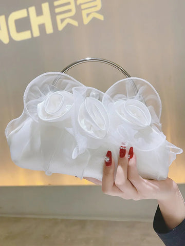 Flower Petal Clutch Bridal Handbag Evening Bag Satin Rose Elegant Purse For Bridesmaid Wedding Party Formal White Handle Bag