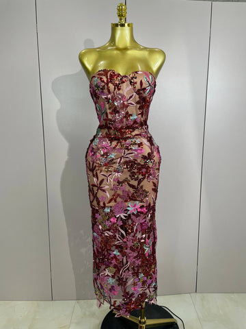 Sexy Strapless Floral Sequin Long Dress  New Women Sequins Flower Backless Long Slim Dress Evening Party Runway Gown Dress