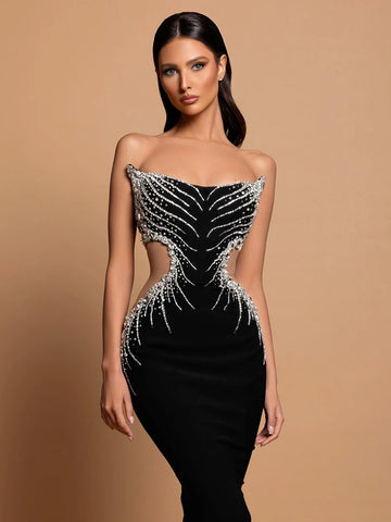 VC Robe longue noire maxi sans bretelles ornée de cristaux, diamant scintillant, découpe ajourée, élégante, robe de soirée de célébrité