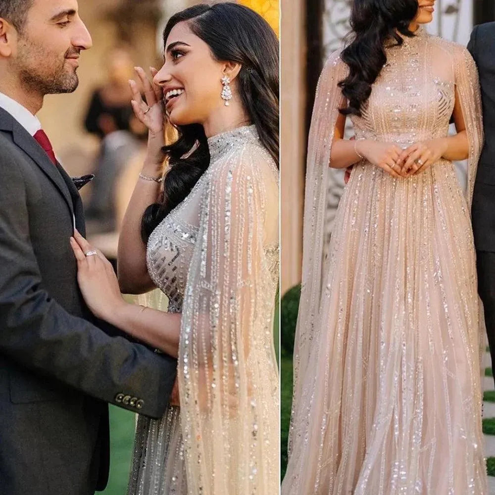 Luxury Dubai Grey Nude Arabic Evening Dresses with Cape Sleeves Elegant Women Formal Gowns for Wodding Party wedding dress Evening Dress