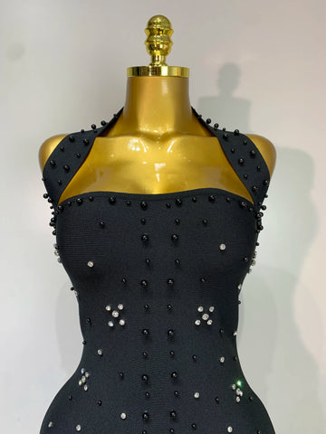 Elegant Sparkly Rhinestone Pearl Halter Backless Bodycon Bandage Long Dress 2025 Women Luxury Birthday Evening Party Gowns