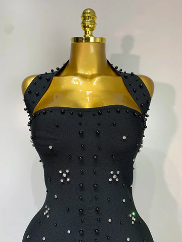 Elegant Sparkly Rhinestone Pearl Halter Backless Bodycon Bandage Long Dress  Women Luxury Birthday Evening Party Gowns