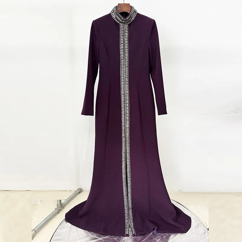TWOTWINSTYLE Solid Hollow Out Spliced Bead Dresses for Women High Neck Long Sleeves Patchwork Split Elegant Dress Female Clothes DARKPURPLE