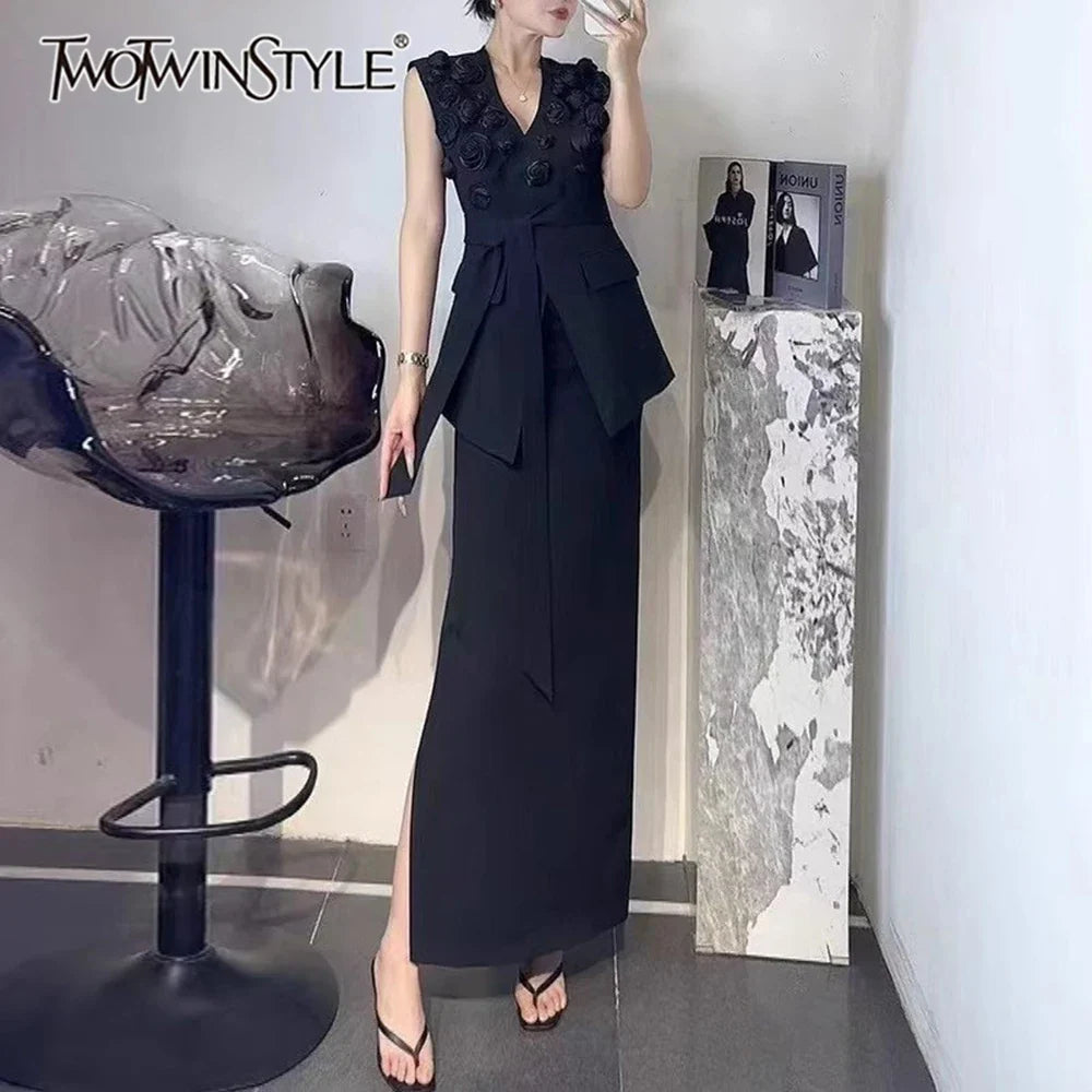 Solid Spliced Applique Two Piece Sets for Women V Neck Sleeveless Patchwork Lace Up Top High Waist Skirt Set Female