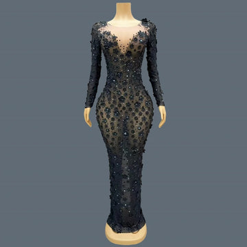 Shine Rhinestone Black Evening Dress Sheer Mesh Tight Fitting Flower Long Dress Elegant Mysterious Party Sexy Women Dress Cunjie