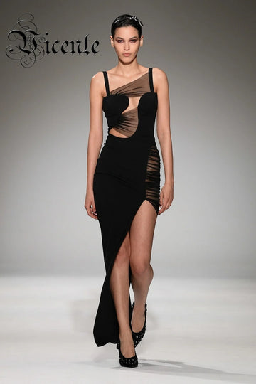 VC Fashion Party Black Dress Women Irregular Mesh Patchwork Bodycon Bandage Sleeveless Suspender Long Slip Dresses For 2023