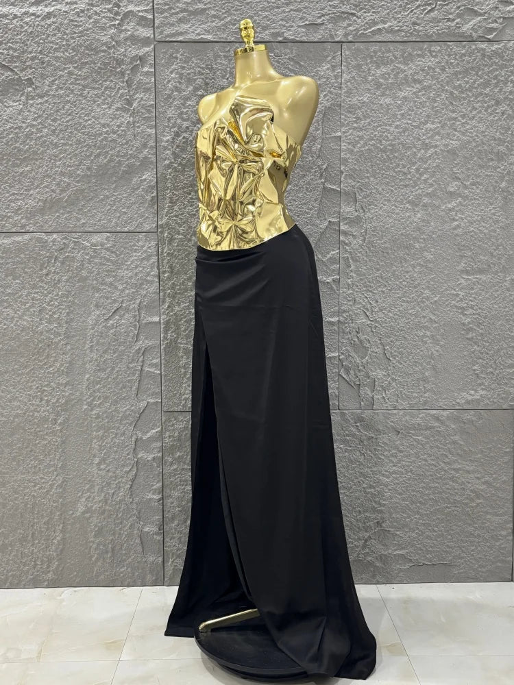 Discount Women Sexy Golden Tops Floor-length Skirt 2 Pieces Straight Dress Elegant Evening Party Celebrate Outfit