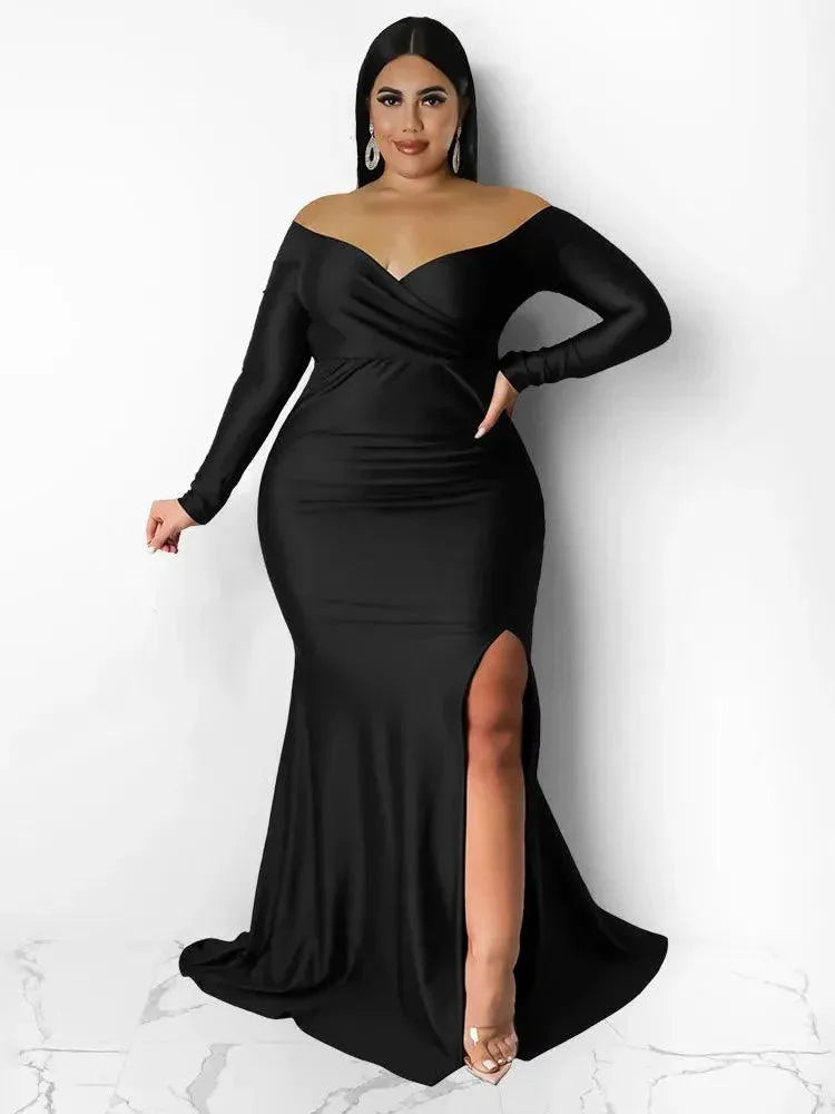 Plus Size Party Dresses for Women Off Shoulder V Neck Slip Hem