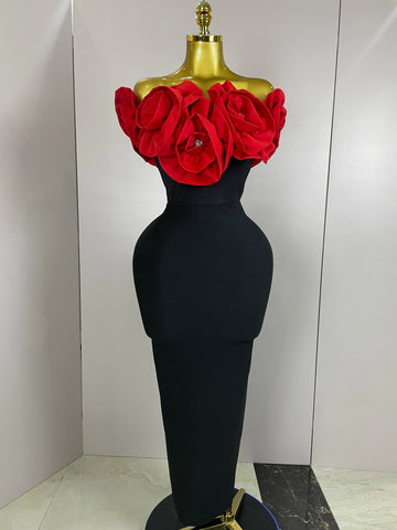 New Stereoscopic Red Flowers Sexy Off The Shoulder Ankle Lenght Bandage Dress Woman Birthday Party Vestido Wedding Party Outfit