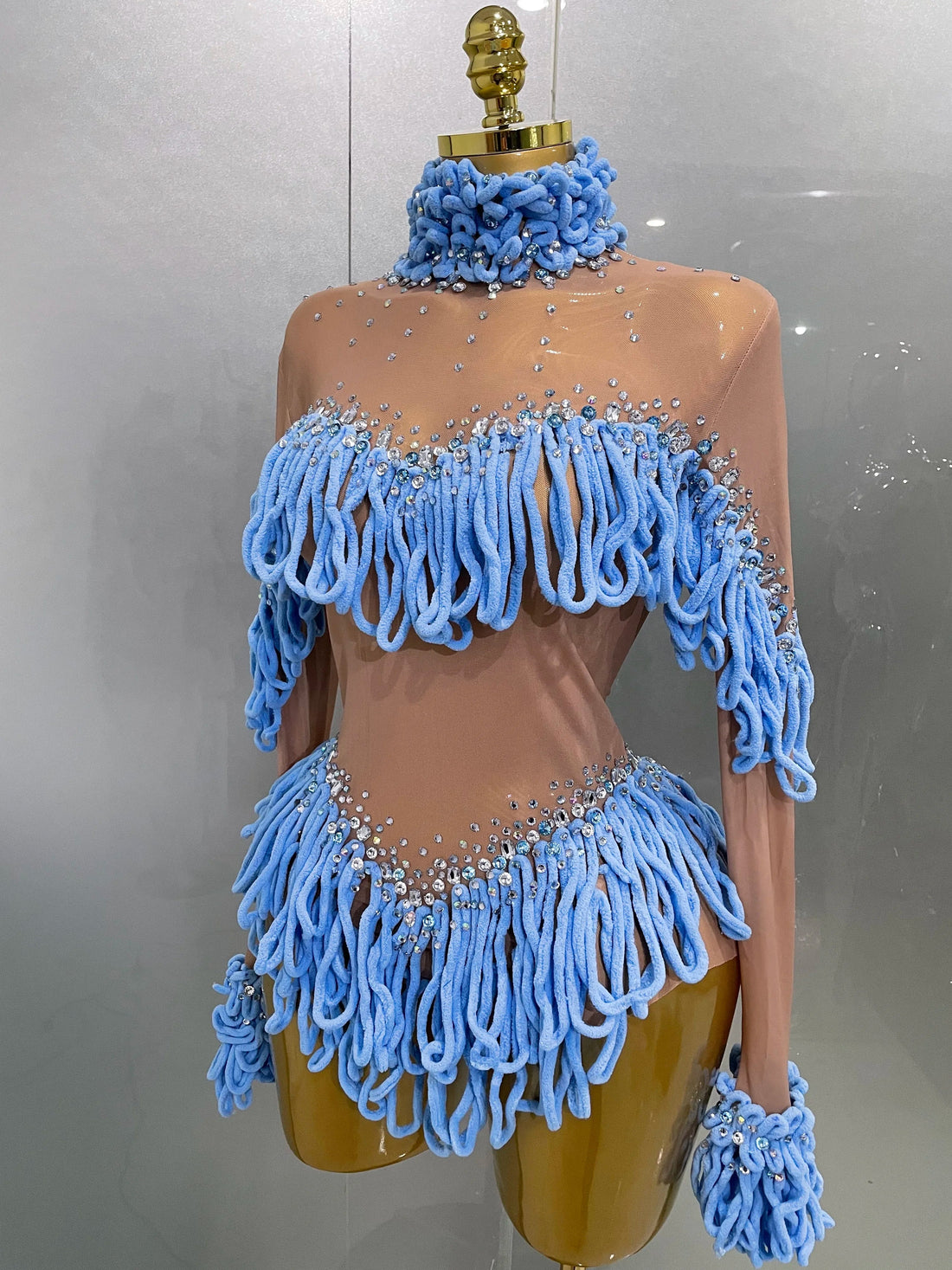 New Women Shining Rhinestones Sexy Mesh Tassels Bodysuit Birthday Party Club Performance Dance DJ Leotard Show Stage Wear