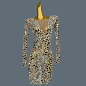 Trendy Sequin Evening Gowm Sexy Mini Dress for Women Sheer Mesh Rhinestone Slimming Party Show Clothing Huadiandian