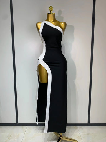 Women Sexy One Shoulder Split Black White Patchwork Bandage Bodycon Dress 2025 Celebrity Elegant Evening Party Birthday Outfit