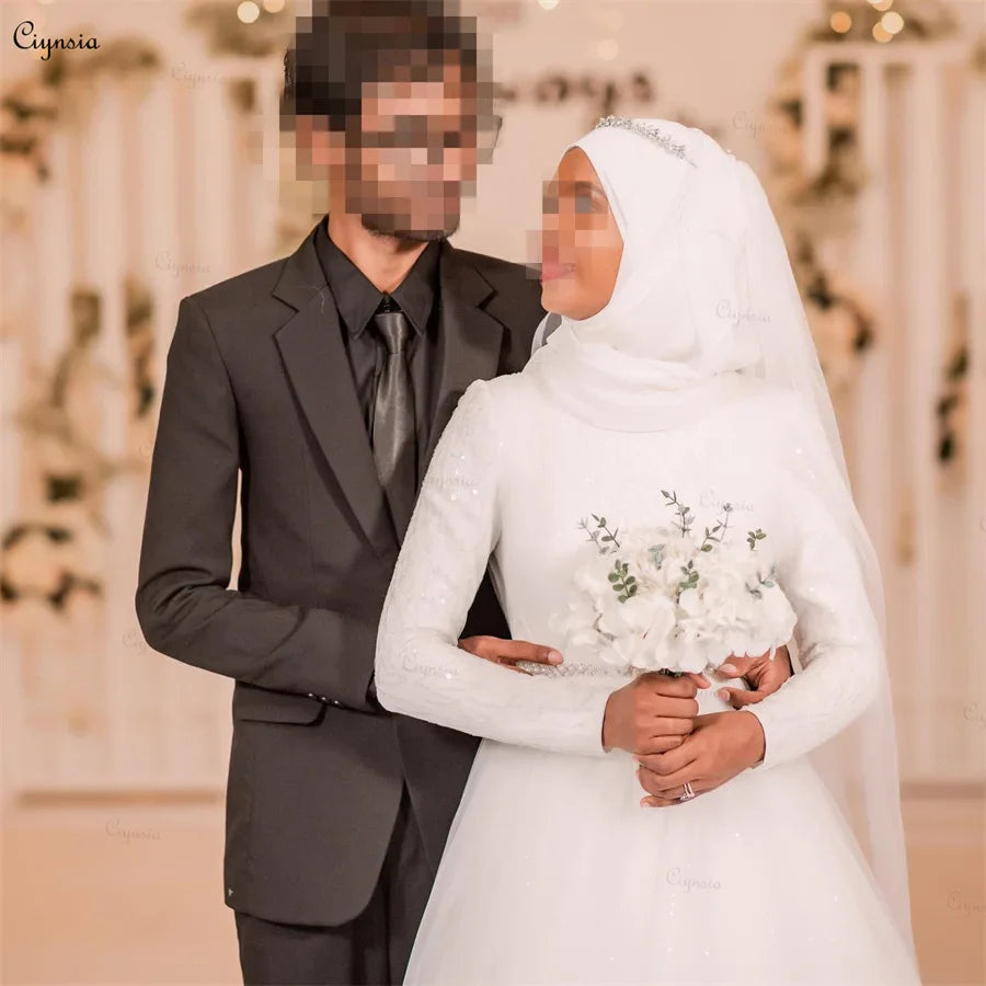 Vestido de novia musulmán de manga larga, cuello alto, corte A, tul brillante, cuentas, Dubai, hijab, vestidos de novia, Abito Da Sposa