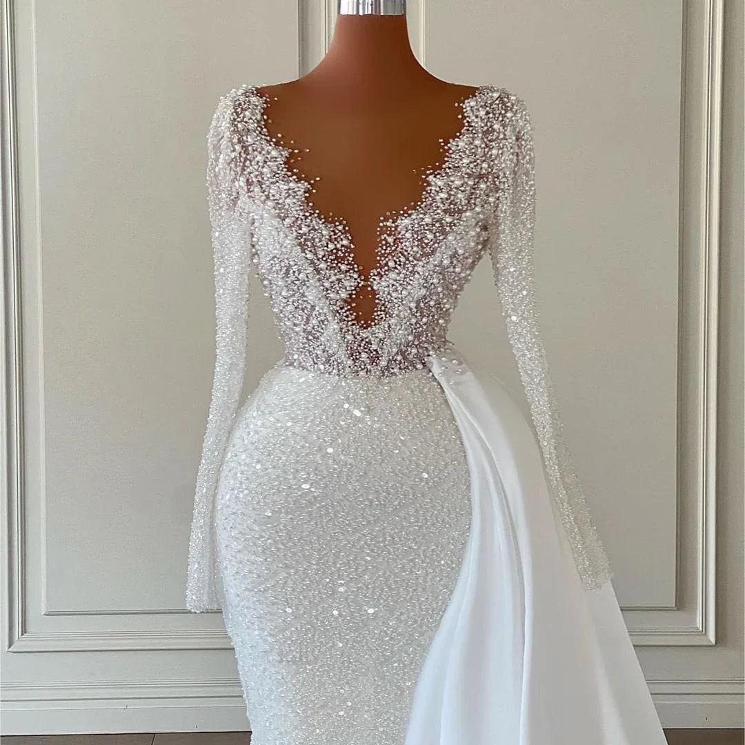 Abiti da sposa a sirena bianca eightre abiti da sposa glitter bride abito da ballo a maniche lunghe da primata