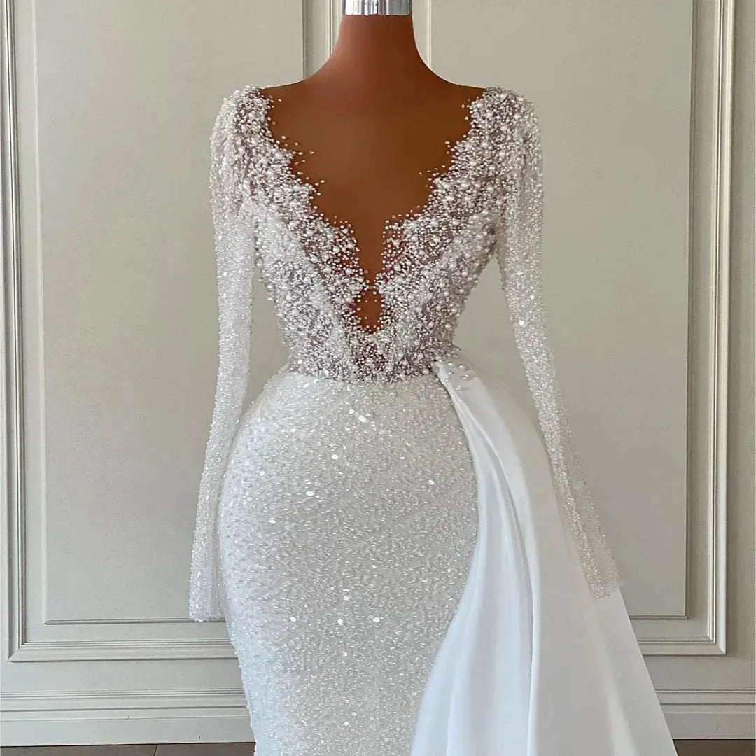 Eightre White Mermaid Wedding Dresses Boho Sequines Glitter Bride Dress V-Neck Long Sleeve Wedding Evening Prom Gowns Plus Size Custom Color
